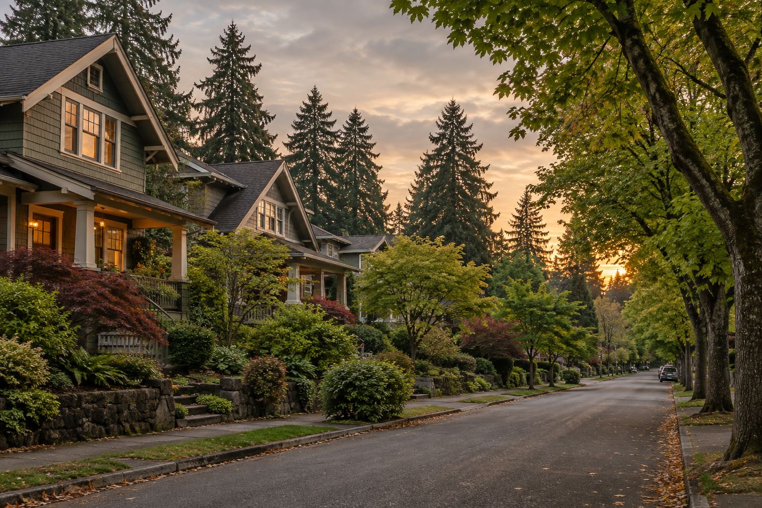 A Lake Oswego residential street at sunset, illustrative