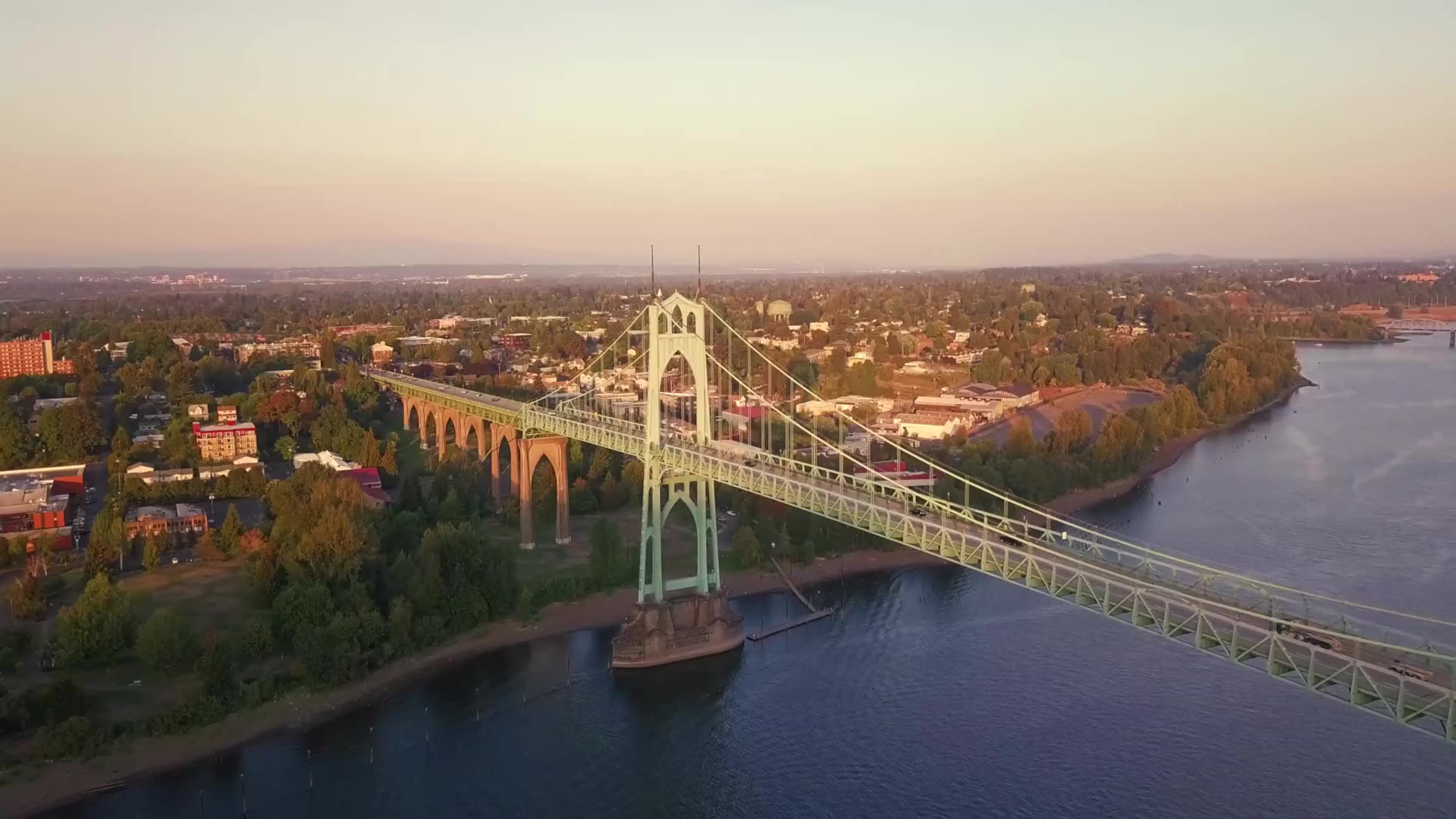 Aerial view of the St. Johns Bridge over the Willamette River, Portland, at sunset