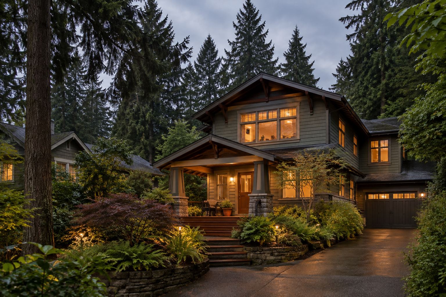Portland area homes at dusk, illustrative