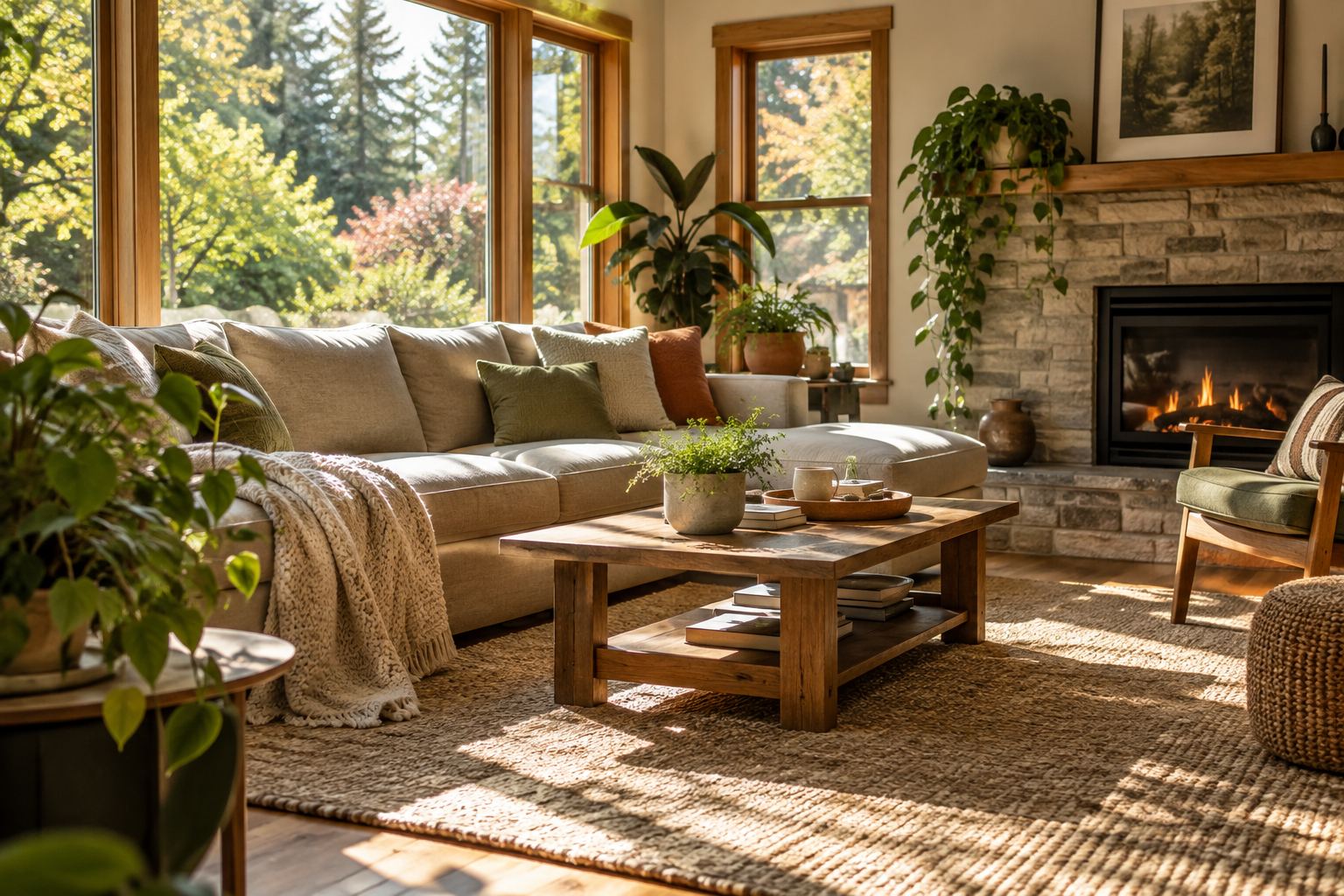 A cozy Lake Oswego living room, illustrative