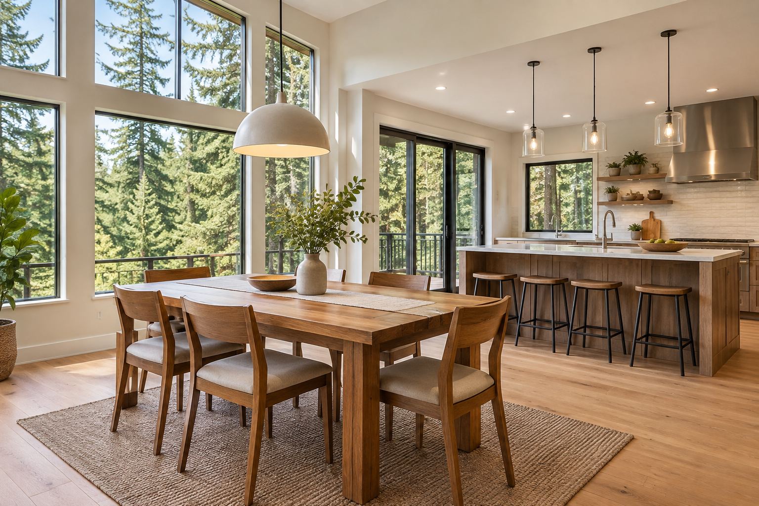 A bright dining room with fir trees outside, illustrative